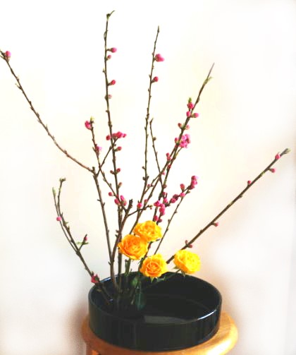 実例：簡単なひな祭りの花の生け方……水盤に生ける